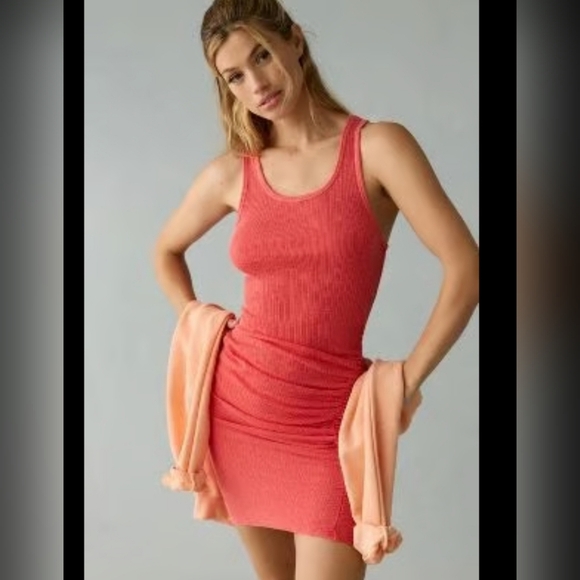Sundry By "Anthropologie" Pink Ribbed & Ruched Bodycon Midi/Mini Tank Sun-Dress - Picture 1 of 7